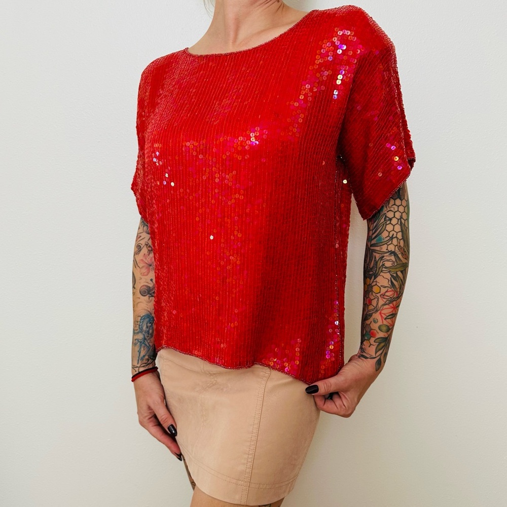 Vintage Jean for Joseph le Bon 100% Silk Sequin Glamorous Red Short Sleeve Top